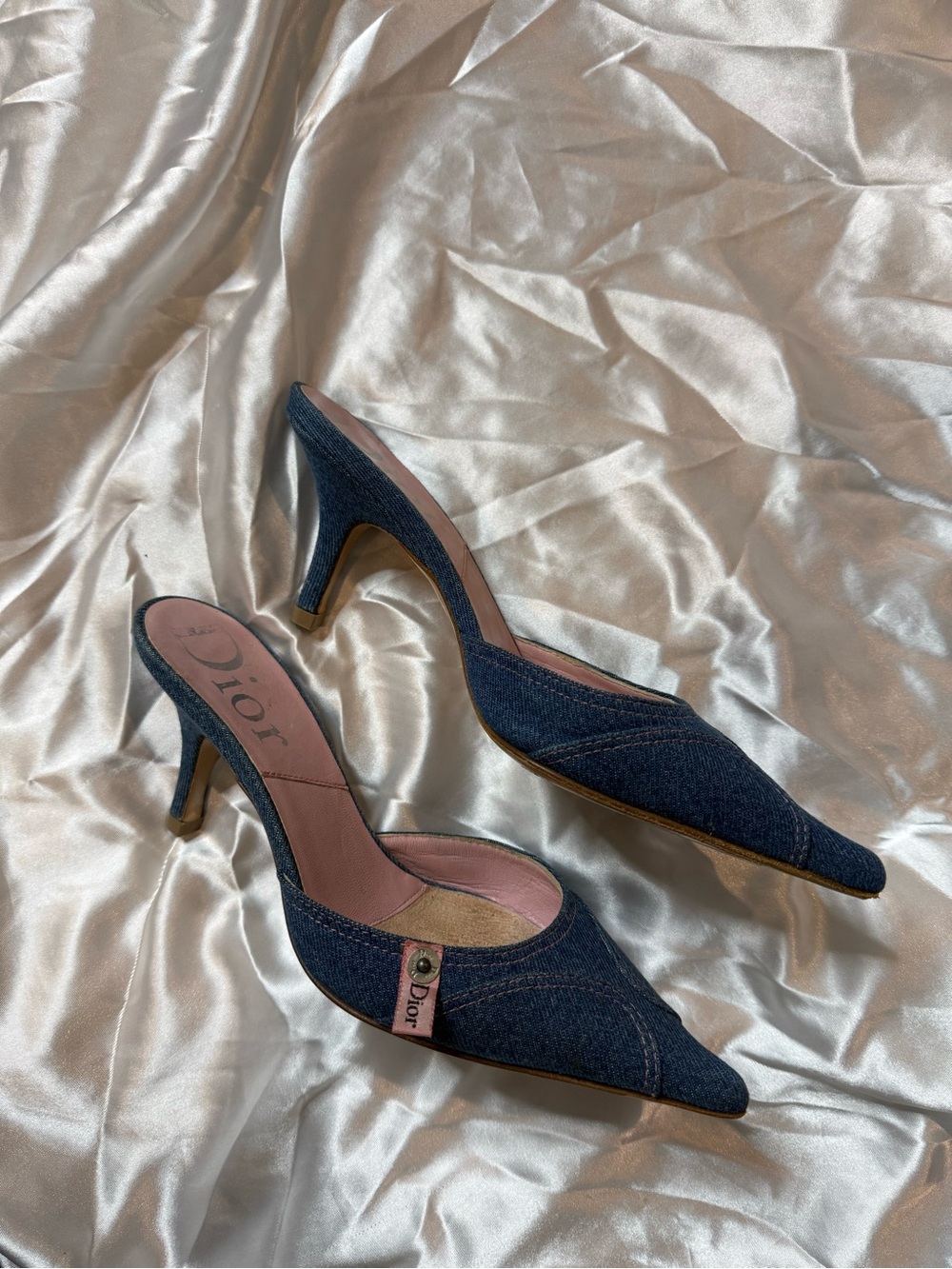 Vintage Dior Denim Pointed-Toe Slip-On Mules with Pink Insole
